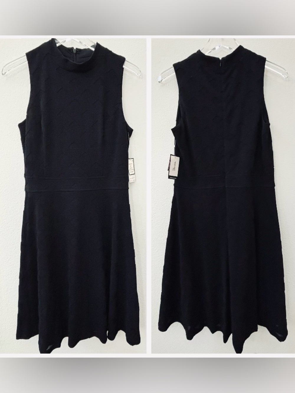 Nine West black geometric textured mock neck sleeveless fit n flare dress - 8